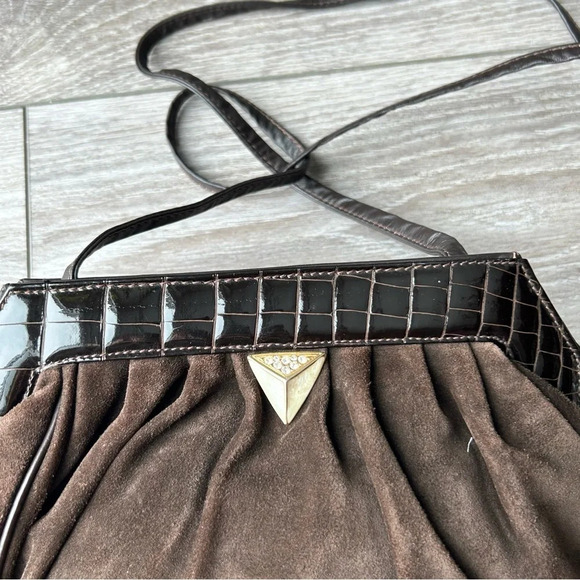 Vintage High Fashion Croc Patent Leather Suede  Leather Crossbody Clutch - Picture 7 of 15
